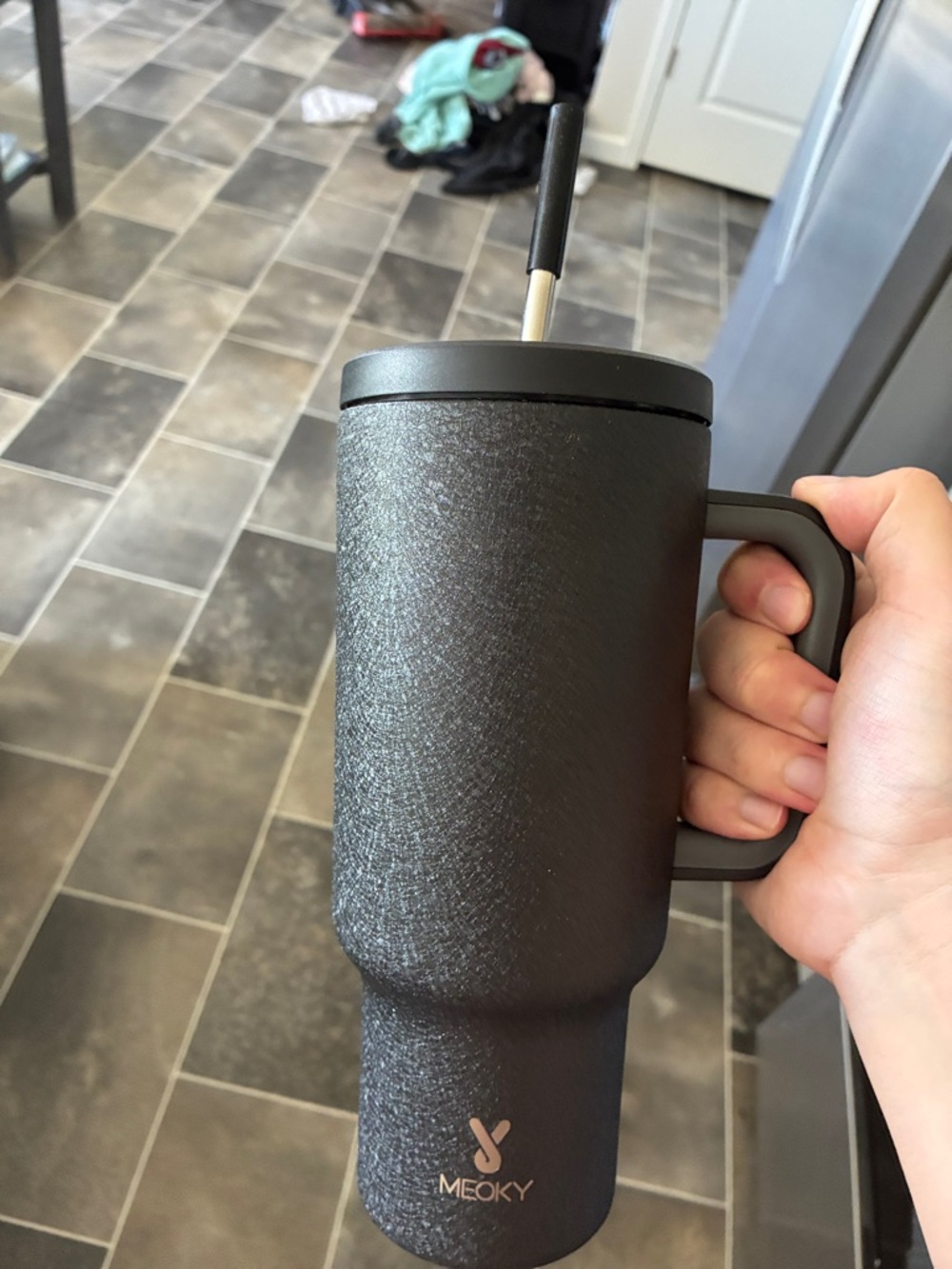 MEOKY Black Textured Insulated Travel Mug with Handle